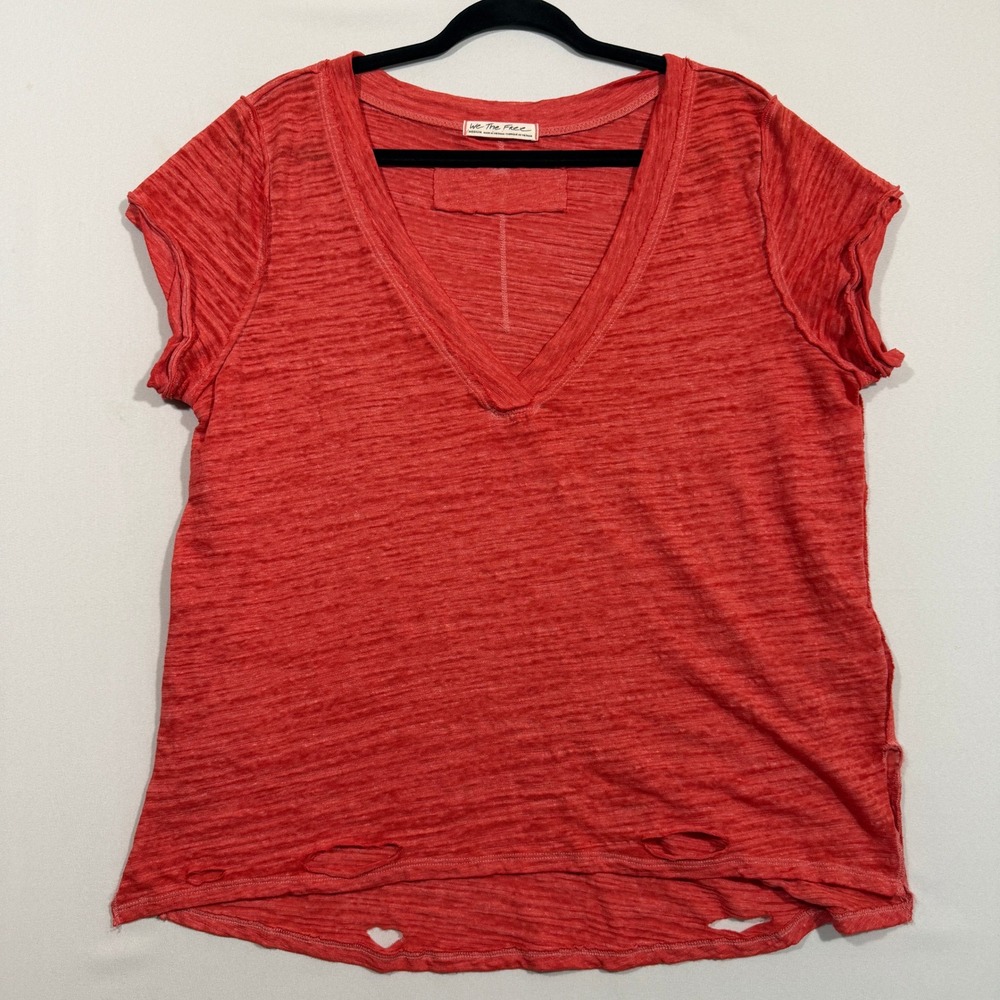 We The Free Tee Women's Medium Red V-Neck Distressed Slub Short Sleeve Top